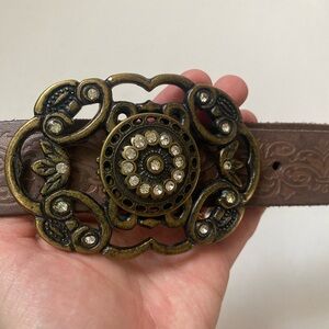 GAP Genuine Tooled Leather Belt/Brass/Crystals Buckle Size S